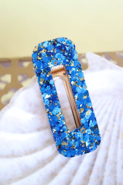 Barrette résine paillettes bleues et or - Autours Madame